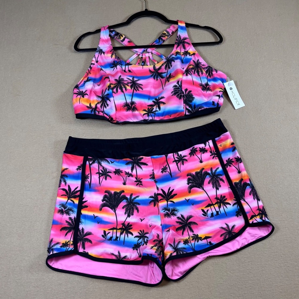 Holipick Womens Tropical Palm Tree Bikini Set 2 Piece Swimsuit Pink Blue 18W